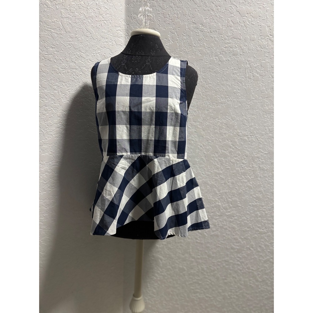 HD in Paris Anthropologie Navy Gingham Peplum Sleeveless Blouse Top US 8